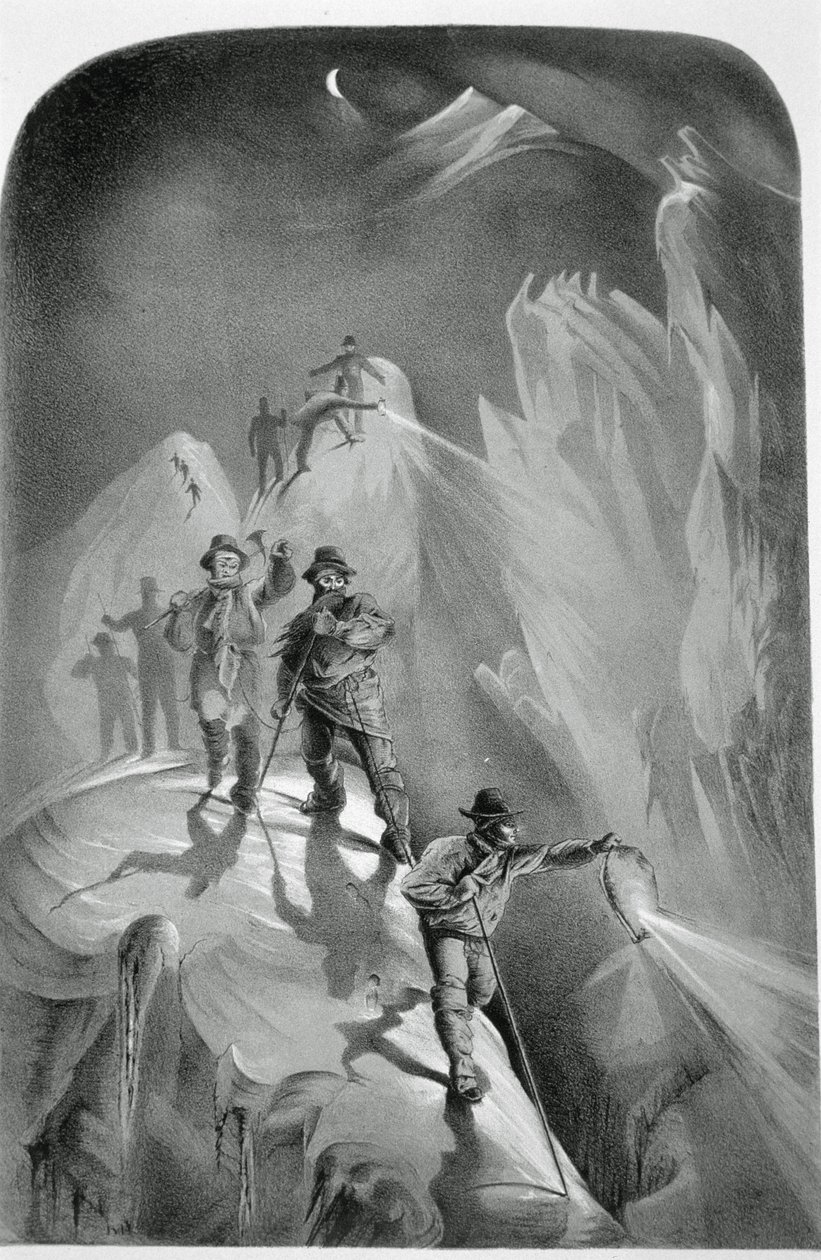 Wspinaczka nocą, z dziesięciu scen z ostatniego wejścia na Mont Blanc, w tym pięć widoków ze szczytu, autorstwa J.D.H. Browne, opublikowany 1853 autorstwa English School