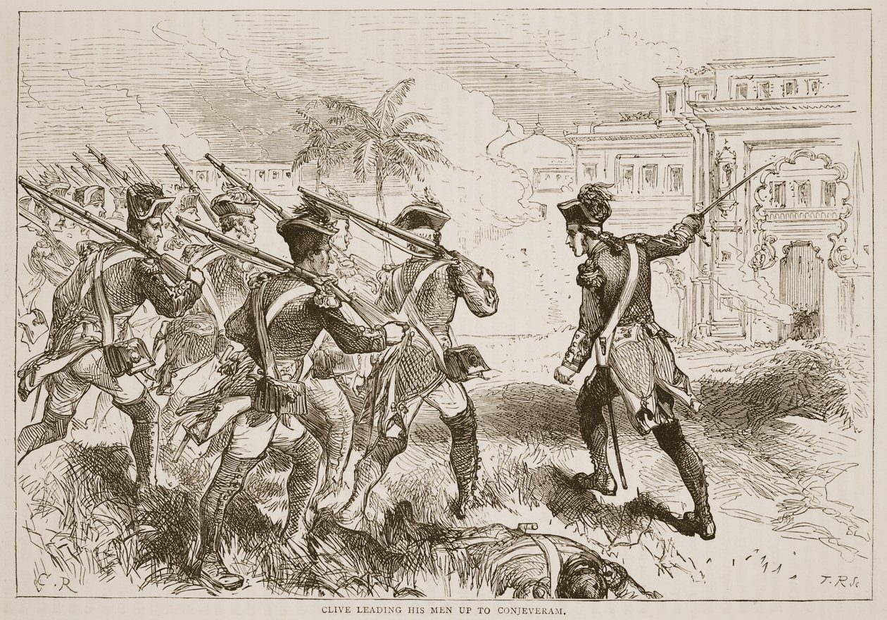 Clive prowadzi swoich ludzi do Conjeveram, ilustracja z Cassells Illustrated History of India autorstwa Jamesa Granta, wyd. 1879 autorstwa English School