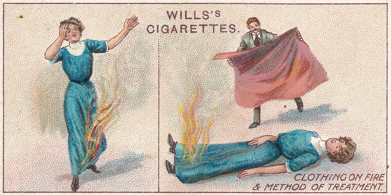 Odzież w ogniu, nr 34 z serii kart Willss Cigarettes z serii Pierwsza pomoc, 1913 autorstwa English School