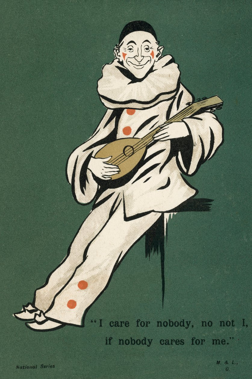 Klaun grający na lutni (kolorowa litografia) autorstwa English School