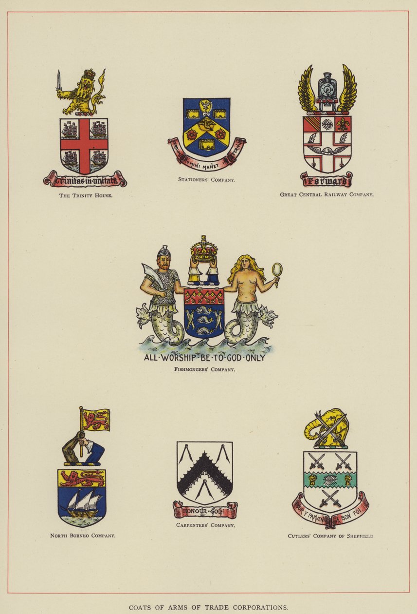 Herby korporacji handlowych (litografia kolorowa) autorstwa English School