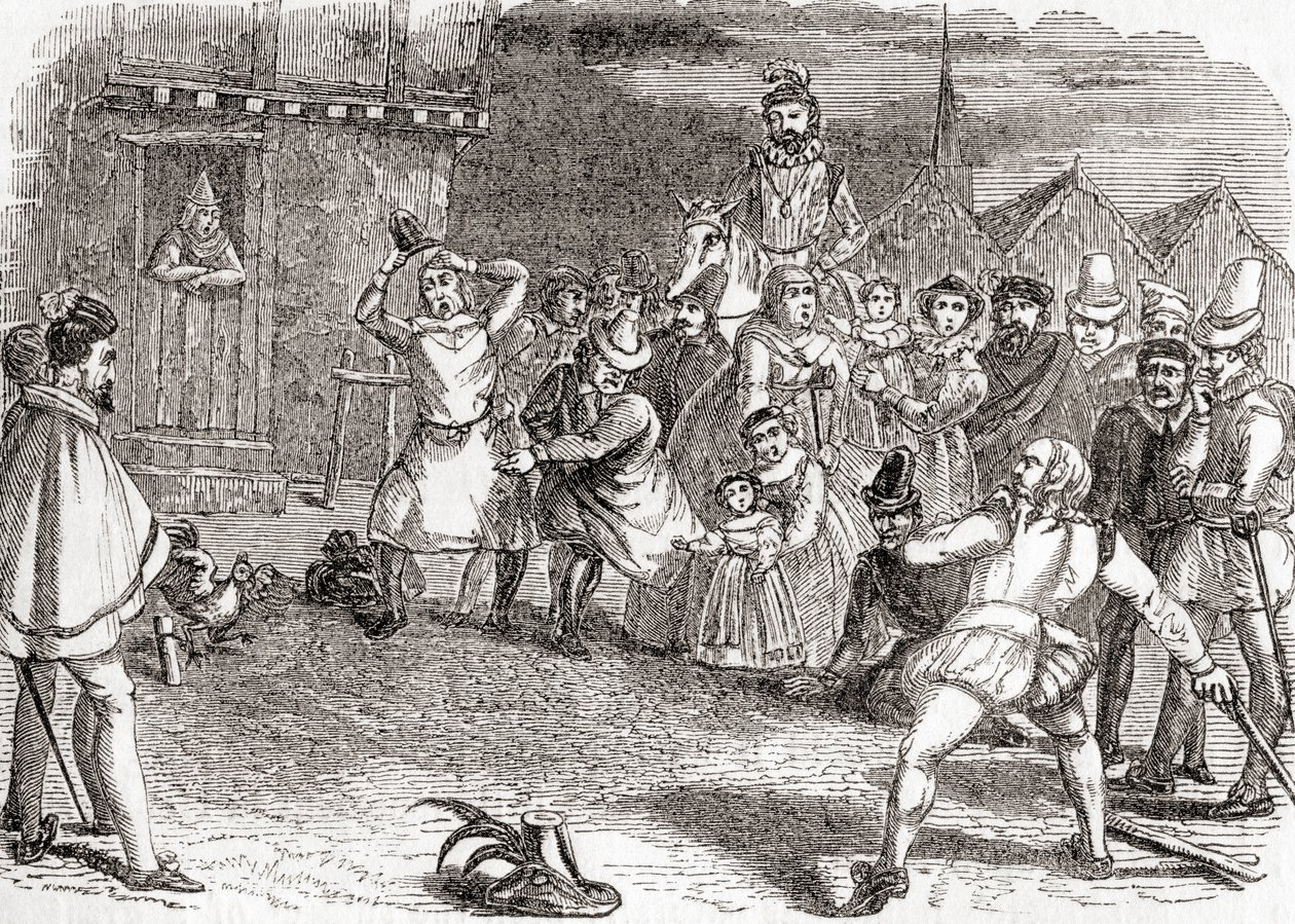 Rzucanie kogutami, czyli cock-shying lub rzucanie w koguty, ze Starej Anglii: A Pictorial Museum, pub. 1847 autorstwa English School