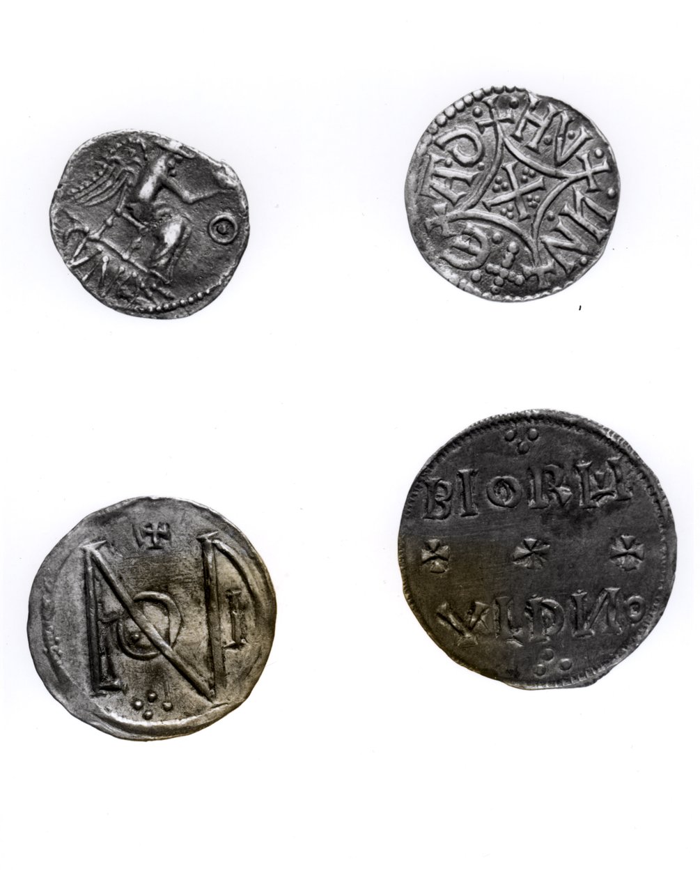 Monety Cunobelinus lub Cymbeline (zm. 43 ne), Offa, król Mercji (757-96 ne) i Alfred (871-99 ne) i Edward Starszy (871-924 ne) (srebro) autorstwa English School