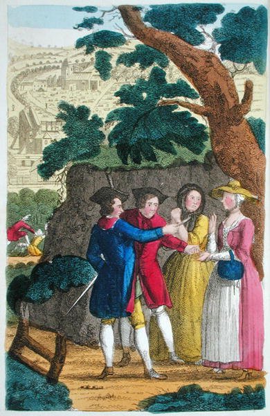 Pułkownik Jack okradający Mary Smith, ilustracja z książki „Życie i przygody najsłynniejszych rozbójników i ulicznych rabusiów...” opublikowana w 1822 r. (kolor litho) autorstwa English School
