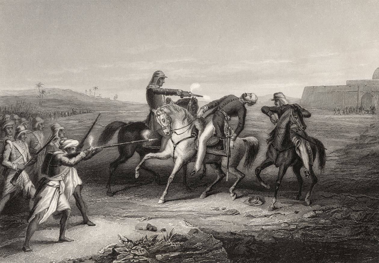 Pułkownik John Platt zabity przez buntowników w Mhow, 1 lipca 1857, z „Historii buntu indyjskiego”, opublikowanej w 1858 autorstwa English School
