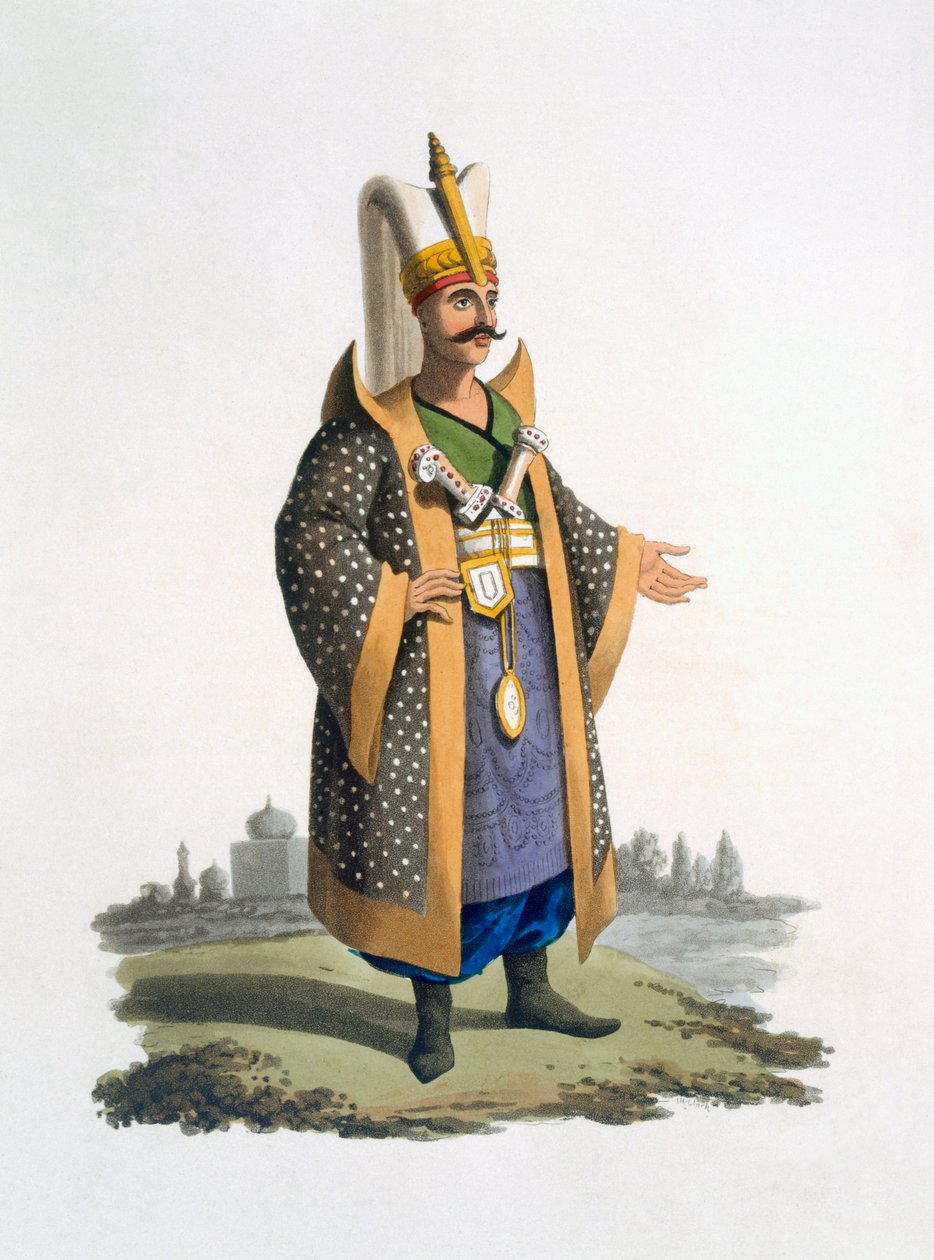 Pułkownik janczarów z klejnotami i sztyletami, 1818 (kolorowa akwatinta) autorstwa English School