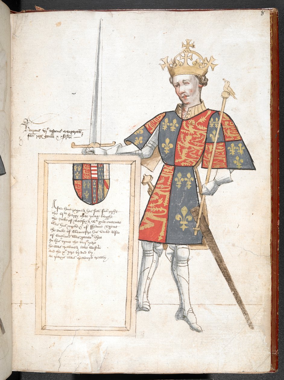 Kolorowy rysunek króla angielskiego w zbroi i tabadzie (Henryk VI), przedstawiający tablicę z wierszami, ilustracja z 