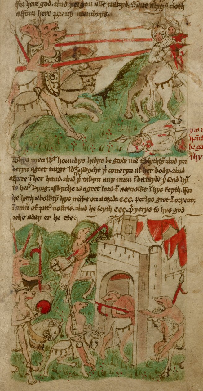 Kolorowe rysunki przedstawiające ludzi o głowach psów („Cynocephalus”) z wyspy Nacumera, z „Podróży Sir Johna Mandeville