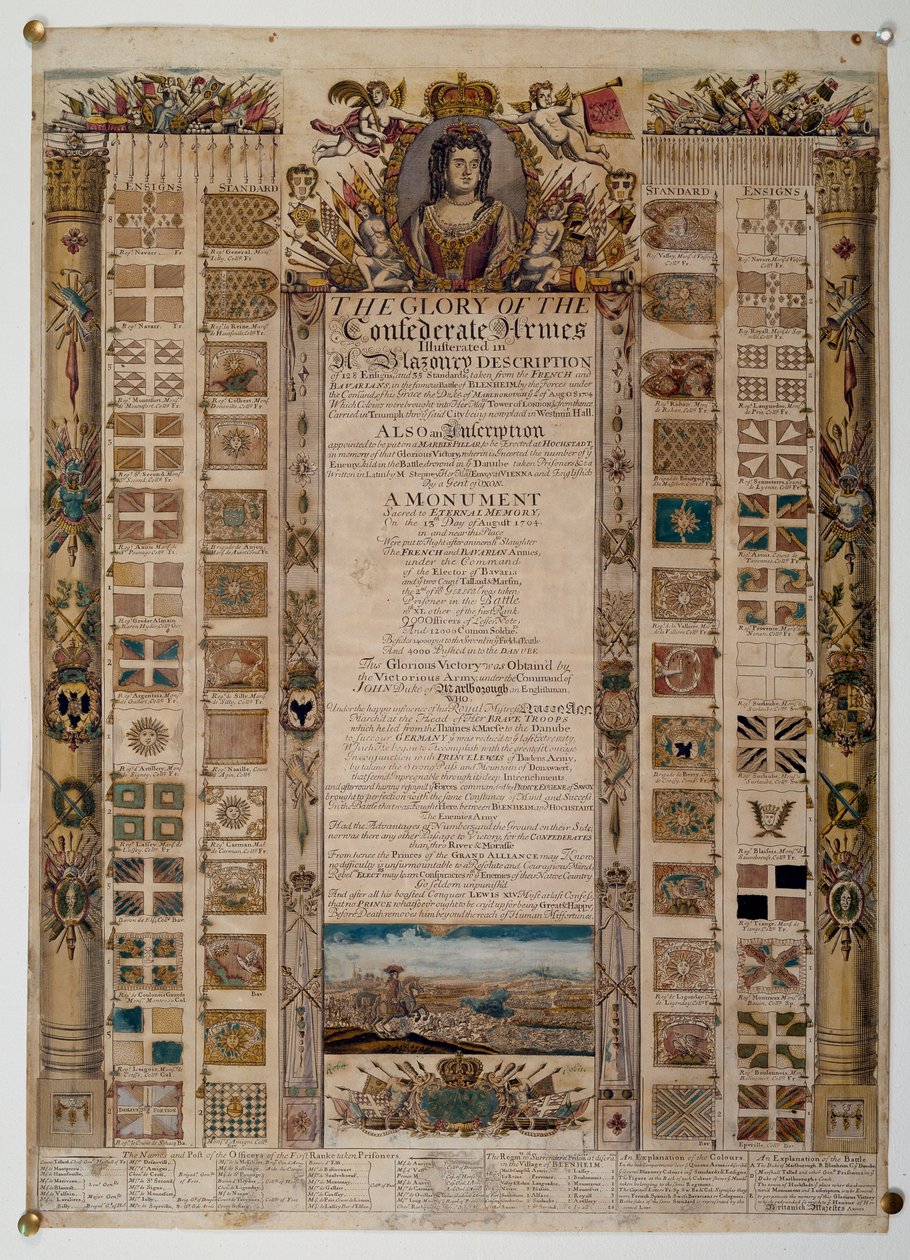 Pamiątkowa tablica przedstawiająca sztandary przechwycone od Francuzów po bitwie pod Blenheim, ok. 1704 (rycina kolorowa linia) autorstwa English School