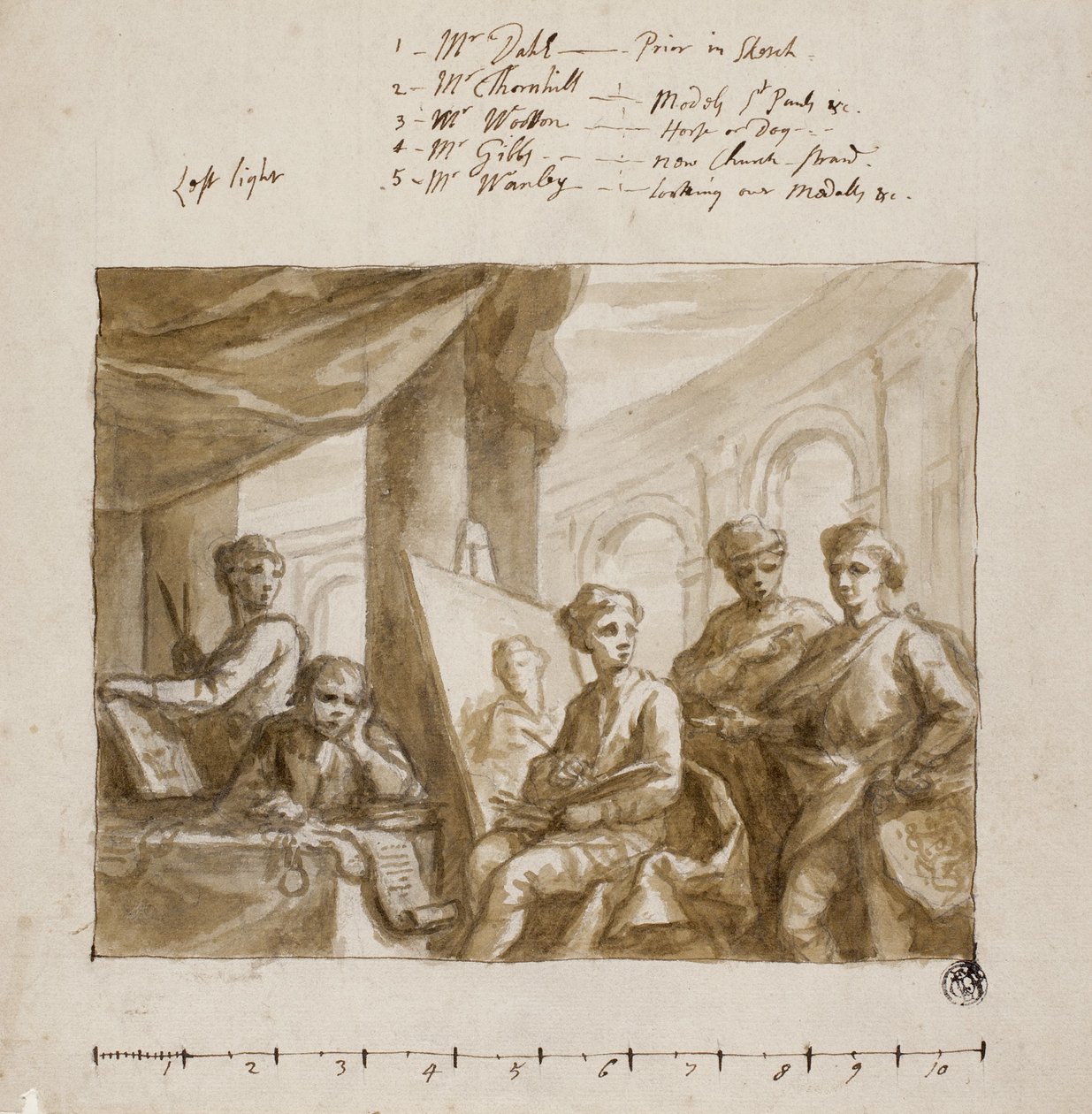 Company of Painters, ok. 1719 (mycie pędzlem i brązem, na graficie, na papierze wyłożonym kością słoniową) autorstwa English School