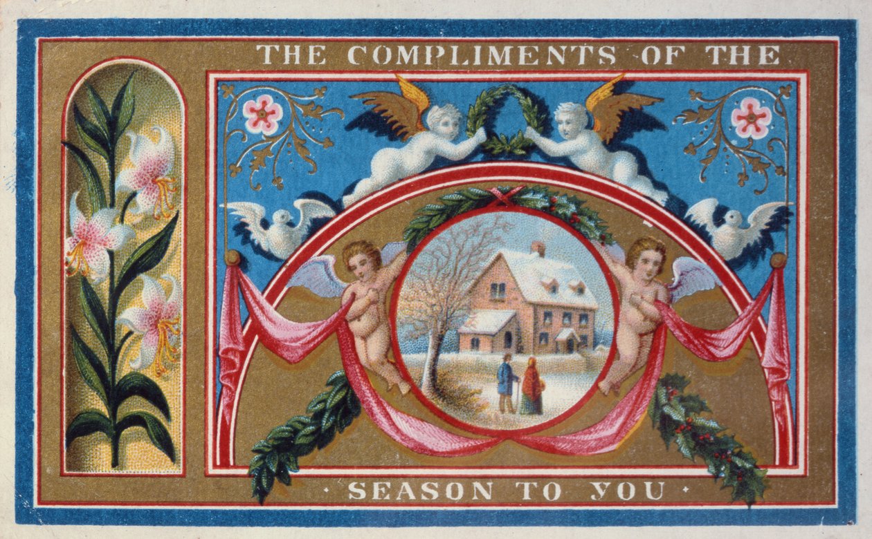 „Komplementy sezonu”, karta wiktoriańska (chromolitho) autorstwa English School