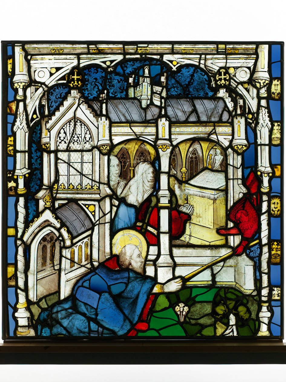 Zachowany panel z Great East Window w York Minster: „St John Measures the Temple” autorstwa English School