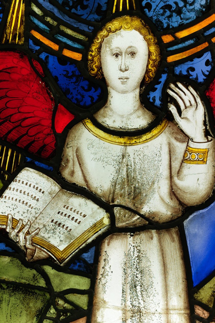 Zachowany panel z Great East Window w York Minster: „The Mighty Angel and Seven Thunders” autorstwa English School
