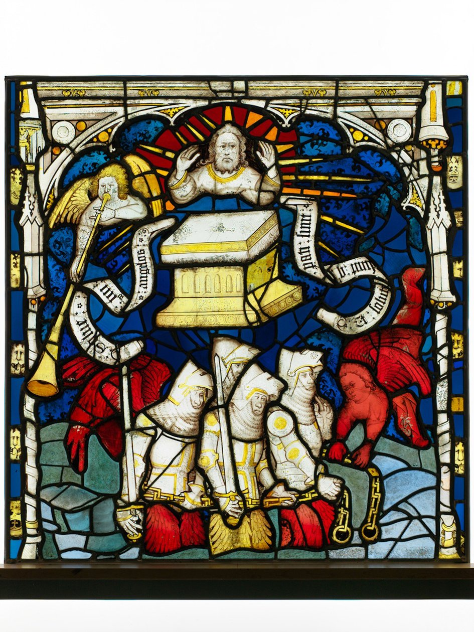 Zachowany panel z Great East Window w York Minster: „Szósty anioł gra w trąbę i utrata czterech aniołów” autorstwa English School