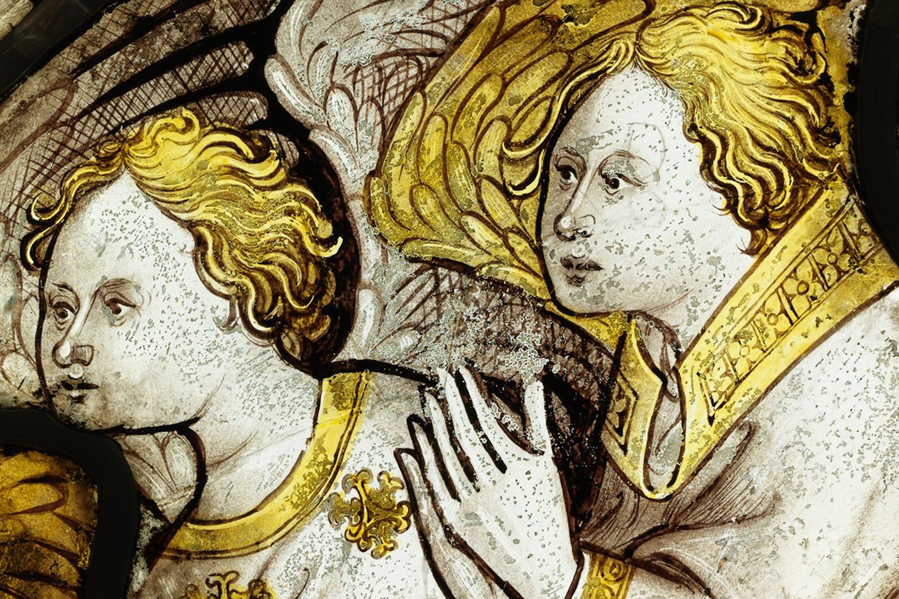 Zachowany fragment z Great East Window w York Minster: „Stworzenie czci Baranka” autorstwa English School
