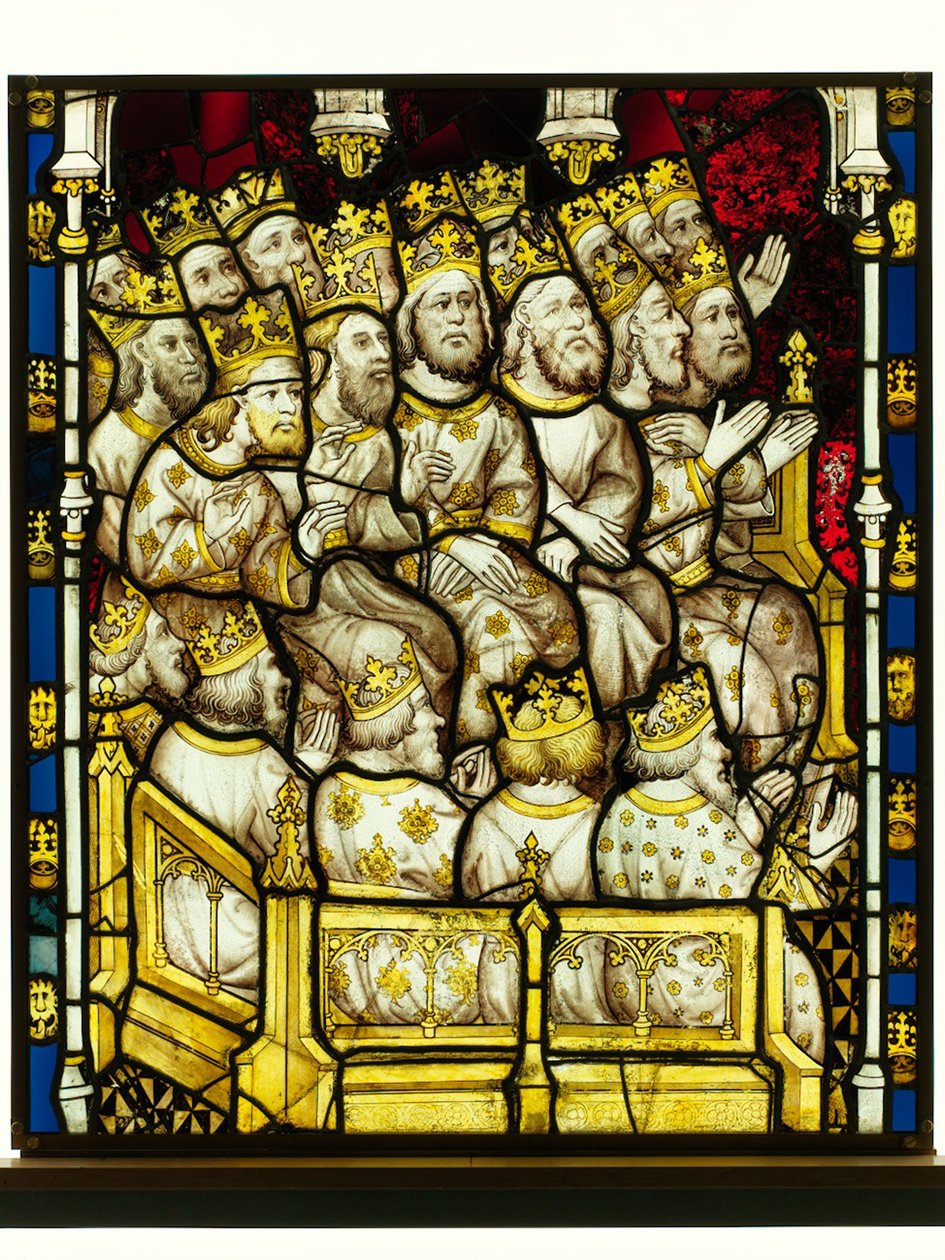 Zachowany fragment z Great East Window w York Minster: „Starsi czczą Boga” autorstwa English School