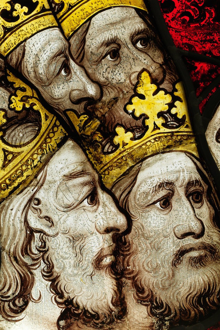 Zachowany fragment z Great East Window w York Minster: „Starsi czczą Boga” autorstwa English School