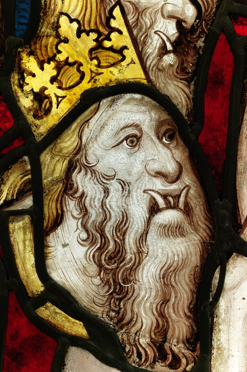 Zachowany fragment z Great East Window w York Minster: „Piąty anioł gra w trąbę i szarańczę z bezdennej jamy” autorstwa English School
