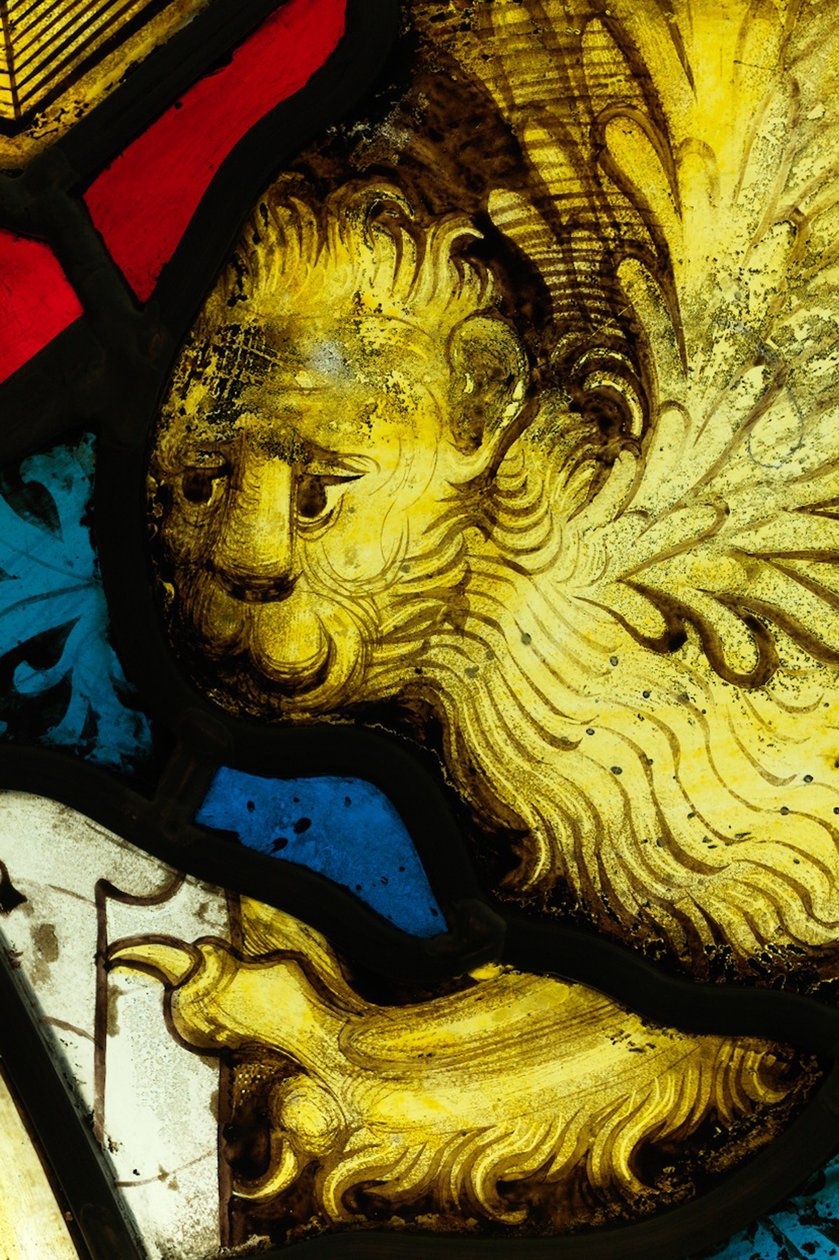 Zachowany fragment z Great East Window w York Minster: „Otwarcie pierwszej pieczęci” autorstwa English School