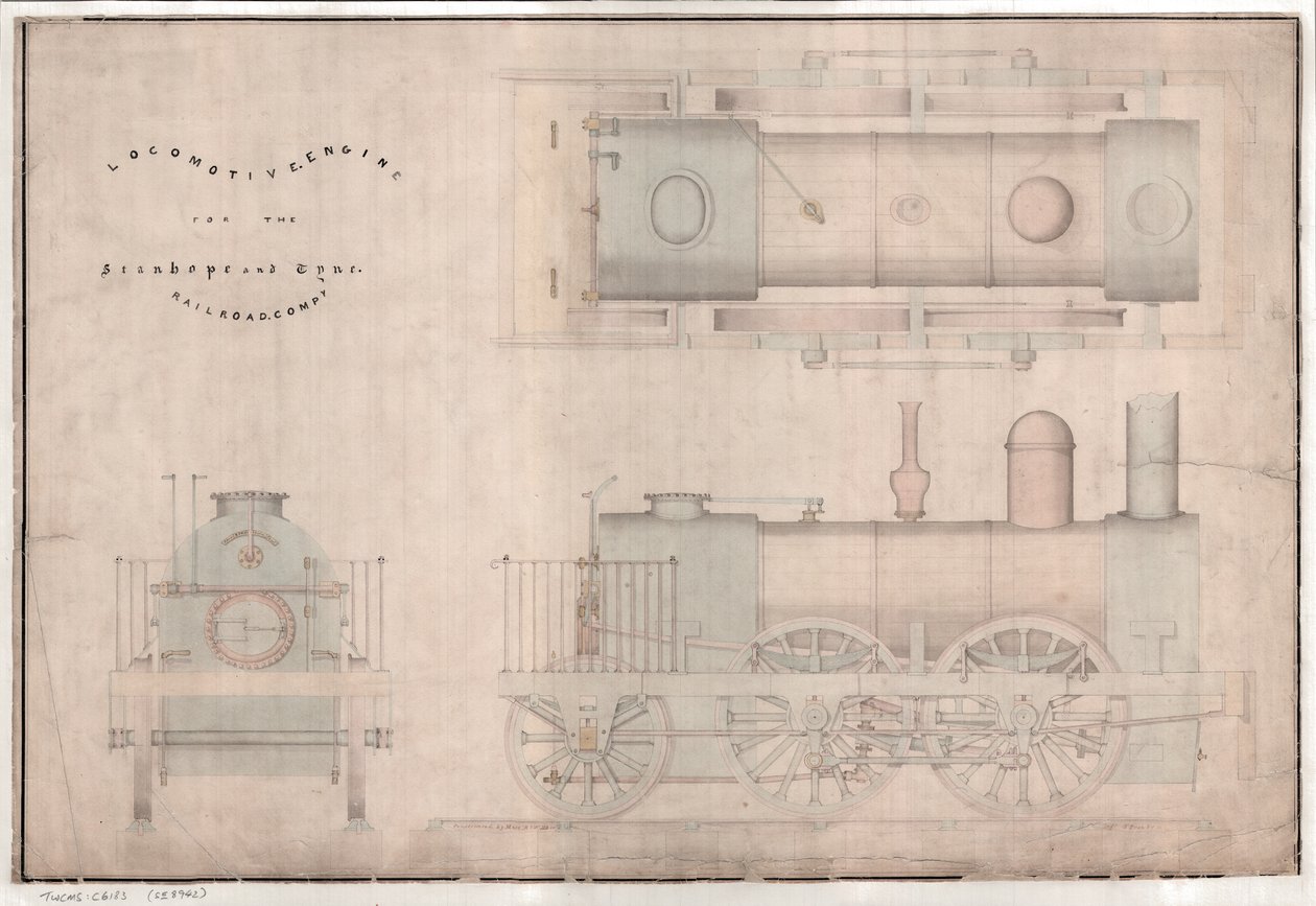 Rysunek konstrukcyjny, lokomotywa 0-4-2 i tender autorstwa R. and W. Hawthorn and Co. dla Stanhope and Tyne Railway Co. autorstwa English School
