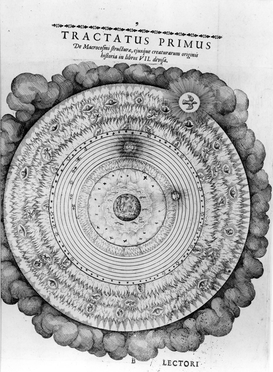Budowa kosmosu, z „Utriusque Cosmi Historia” Roberta Fludda, 1619 autorstwa English School