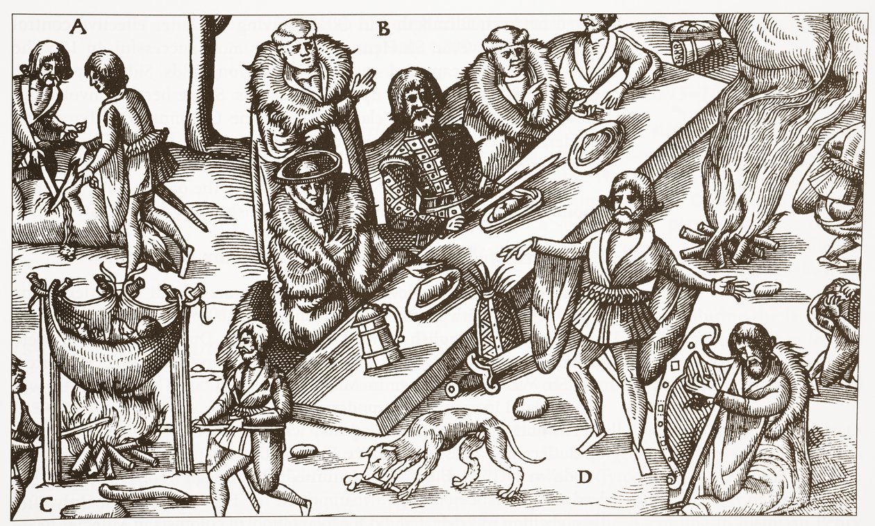 Współczesna ilustracja gaelickiego wodza irlandzkiego jedzącego posiłek autorstwa English School