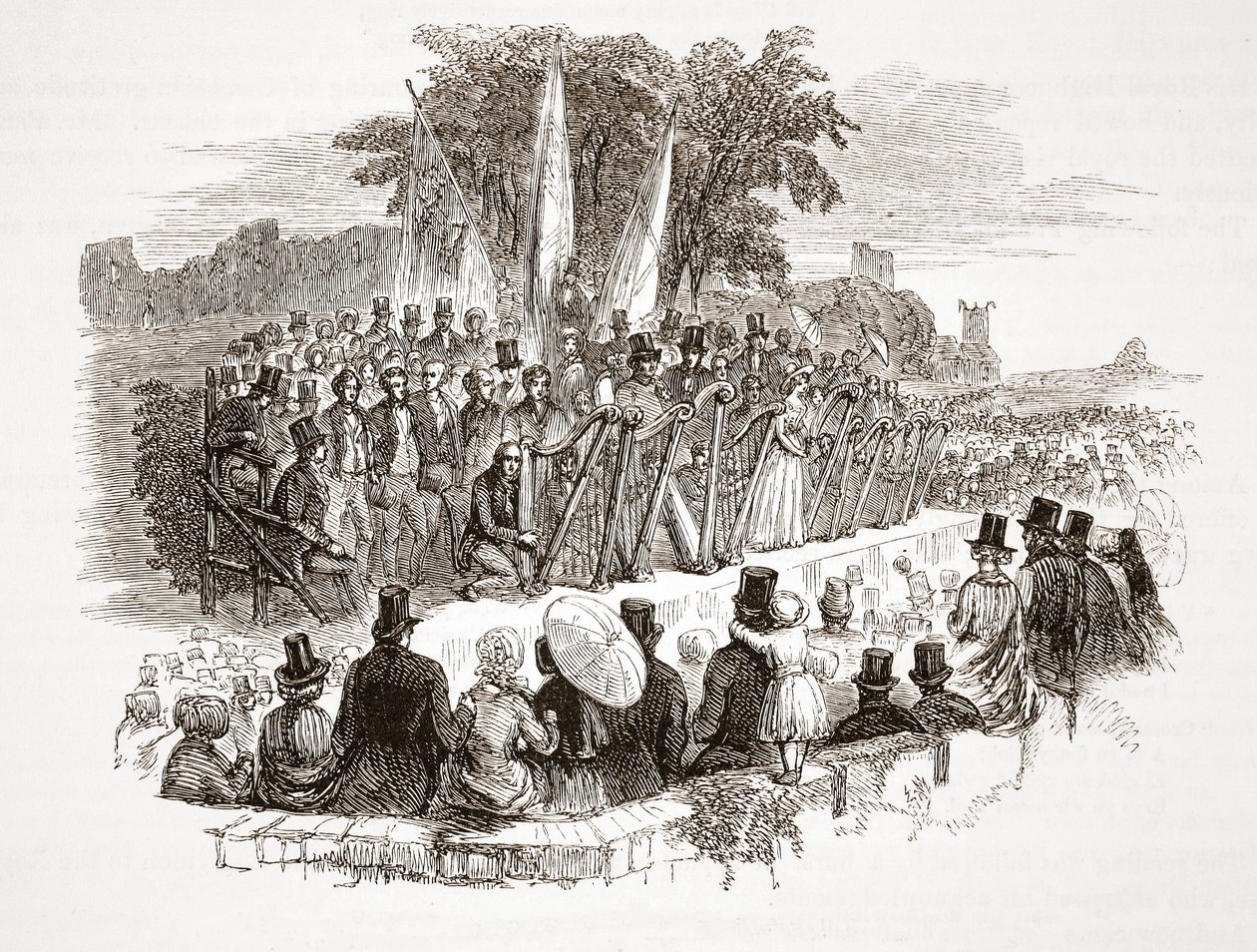 Konkurs o Złotą Harfę w Royal Denbigh Eisteddfod, przed H.R.H. książę Susses w 1828 r. (rycina stalowa) autorstwa English School