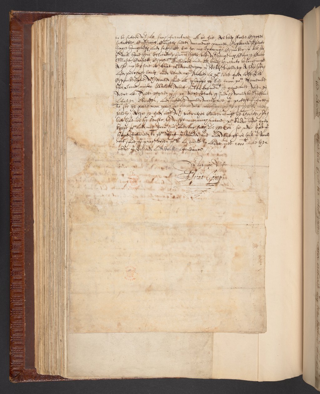 Kopia listu od Lady Elizabeth Compton, późniejszej hrabiny Northampton, do jej męża, Harley MS 7003, f.158v (pióro i tusz na papierze) autorstwa English School