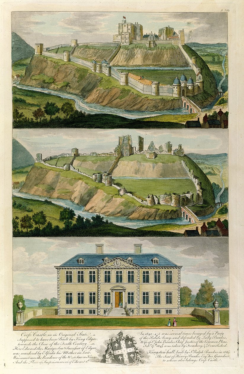Zamek Corfe w pierwotnym stanie, jako ruina, i Kingston Hall, siedziba Henry