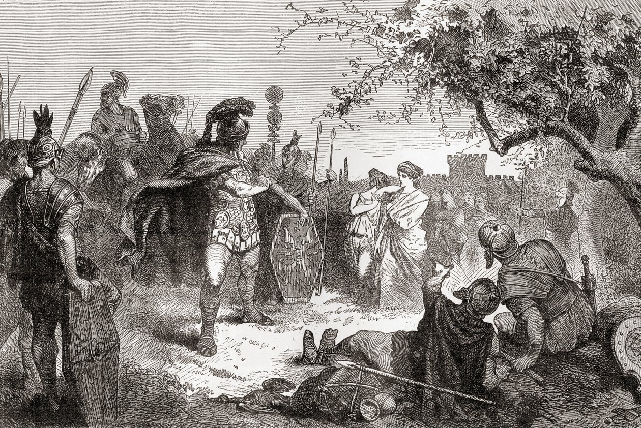 Koriolan powraca jako wróg do Rzymu po wygnaniu, z ilustrowanej historii świata Warda i Locka, wyd. ok. 1882 r. autorstwa English School