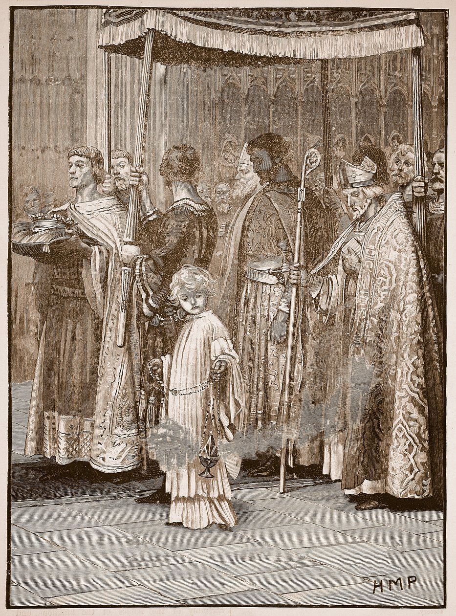 Koronacja Richarda w Opactwie Westminsterskim: procesja wzdłuż nawy bocznej, ilustracja z Cassells Illustrated History of England (zdjęcie w sepii) autorstwa English School