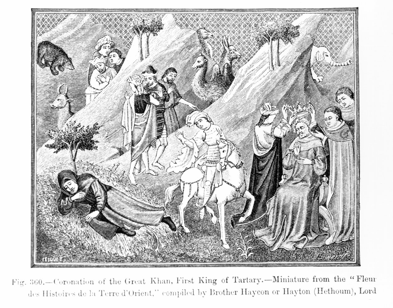 Koronacja Wielkiego Chana (Kublai Chan) (1214-94) Pierwszy Król Tatarów, z Fleur des Histoires de la Terre dOrient, skompilowana przez Haytona (zm. 1271), ilustracja z Science and Literature w autorstwa English School