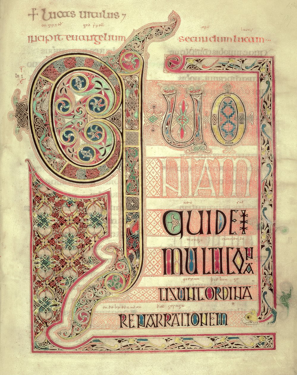 Cott Nero DIV f.139 Strona Incipit do Ewangelii św. Łukasza, z Ewangelii Lindisfarne, 710-721 (welum) autorstwa English School