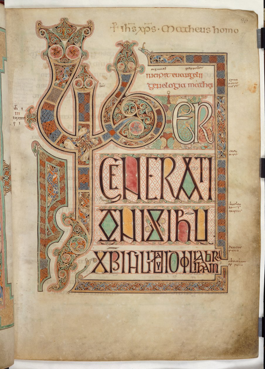 Cott Nero D IV f.27 Strona Incipit do Ewangelii św. Mateusza ze zdobionymi literami „LIB”, z Ewangelii z Lindisfarne, 710-721 (welum) autorstwa English School