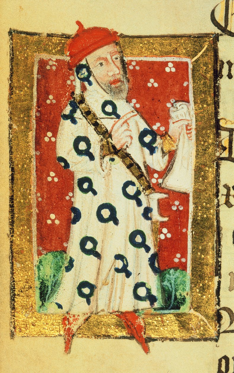 Cott Nero D VII f.105v Nigel Lorning, Rycerz Podwiązki, z Księgi Dobroczyńców opactwa św. Albana, ok. 1380 (welum) autorstwa English School