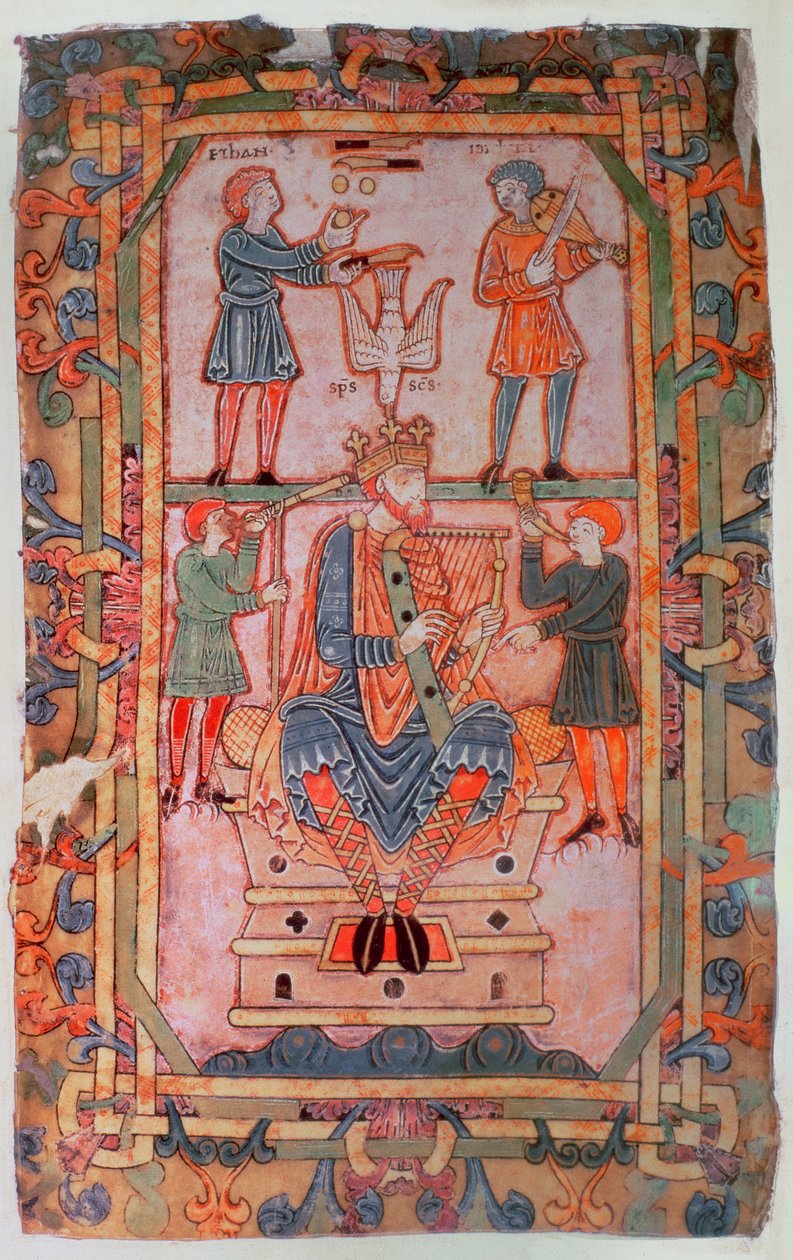 Cott Tib C VI f.30v David grający na harfie, z psałterza Tyberiusza, Winchester, ok.1050 (welum) autorstwa English School