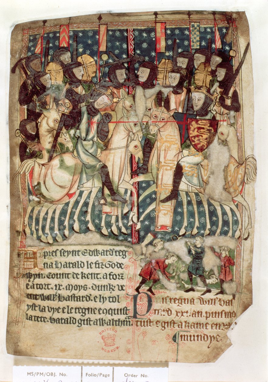 Cott Vitt A XIII f.3v William zabija Harolda w bitwie pod Hastings, z „Dekretów królów anglosaskiej i normańskiej Anglii” (welum) autorstwa English School