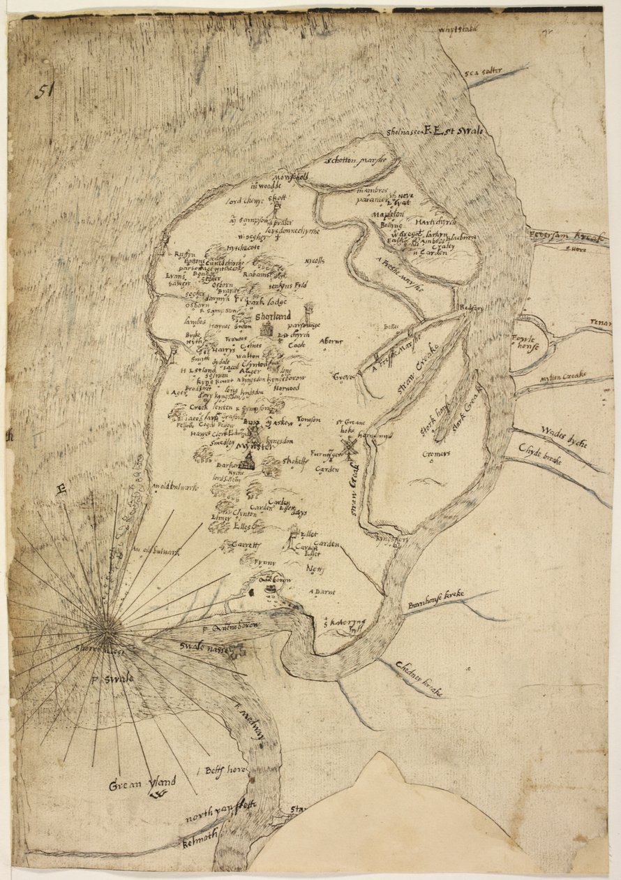 Cotton Augustus I.i f.51 Mapa wyspy Sheppey przypisywana kartografowi Robertowi Lythe autorstwa English School
