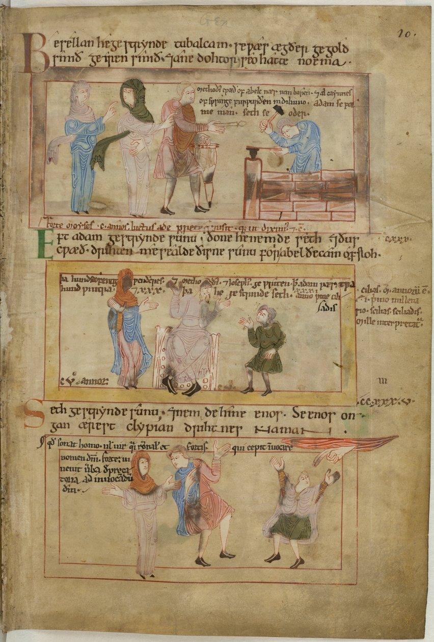Cotton Claudius B IV fol.10 Lamech i jego dwie żony oraz jego syn Tubalcain, kowal, przy pracy (wellum) autorstwa English School