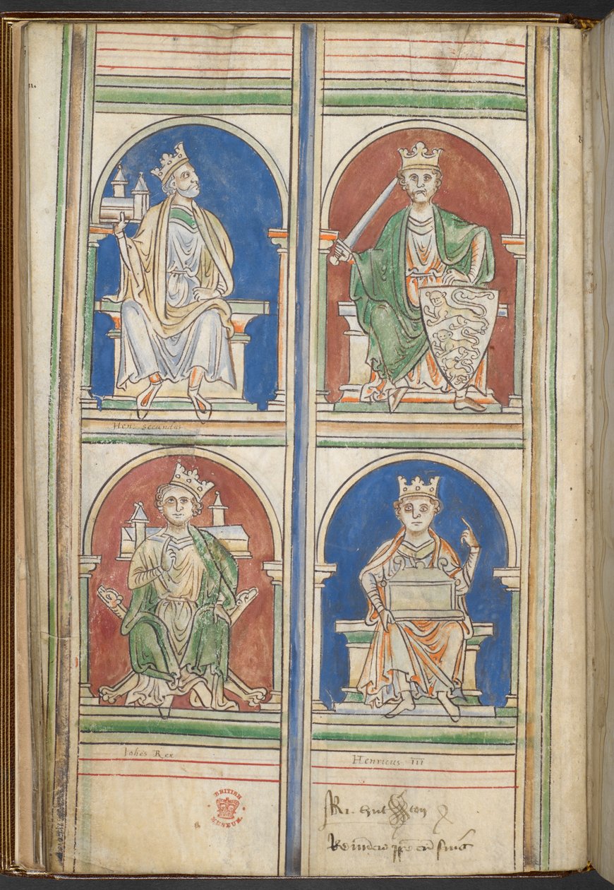 Cotton Claudius D VI f.9v Czterech królów Anglii: Henryk II, Ryszard I, Jan i Henryk III od Królów Anglii od Brutusa do Henryka III, przez Matthew Parisa, c.1250-59 (welum) autorstwa English School