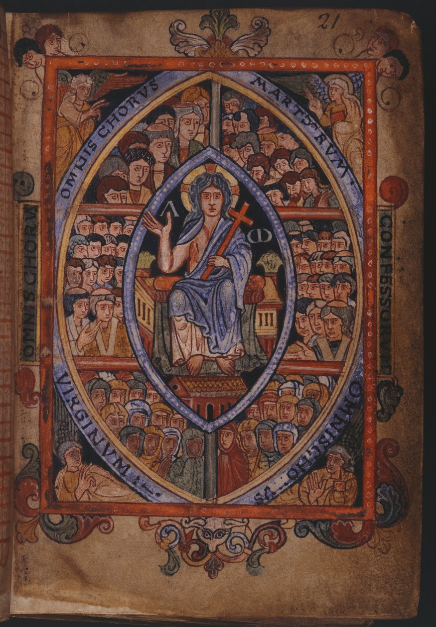 Cotton Galba A. XVIII, f.21 Chrystus na tronie z chórami męczenników, spowiedników i dziewic autorstwa English School