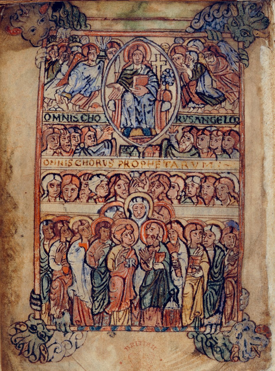 Cotton Galba A. XVIII, f.2v Chrystus w majestacie w otoczeniu narzędzi Męki Pańskiej oraz chórów anielskich i proroków, ilustracja z „Psałterza Athelstańskiego” (welum) autorstwa English School