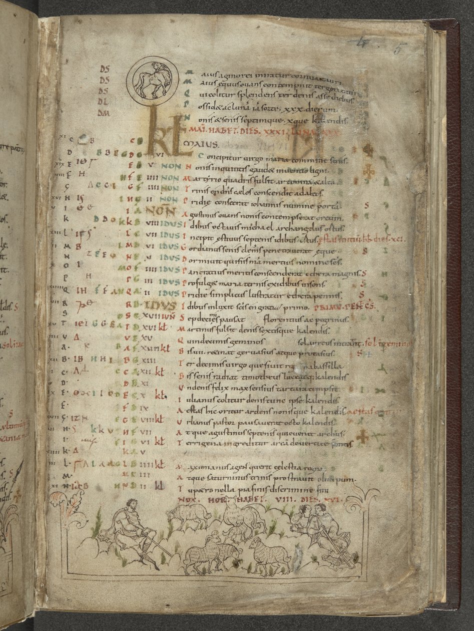 Cotton Julius A. VI, f.5, Strona kalendarza na maj: Pasterze i stado (welum) autorstwa English School