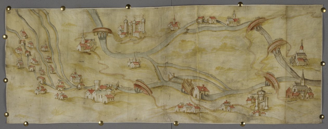 Bawełna MS Augustus I i 65 Mapa rzeki Trent i jej dopływów między Nottingham i Newark, ok. 1540 (pióro i atrament z akwarelą na papierze) autorstwa English School