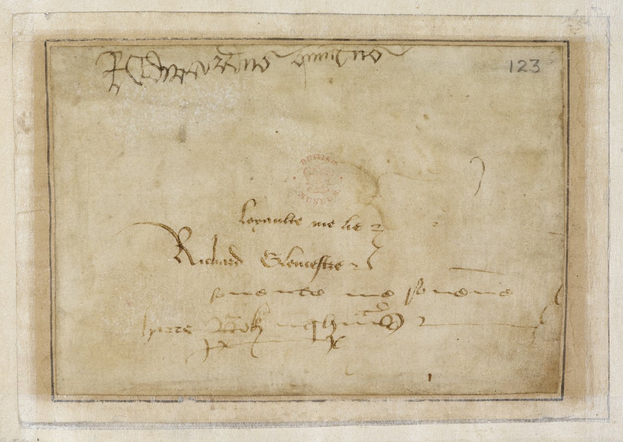 Bawełna MS Vespasian F XIII f.123 Sygnatura Richarda „lojalność mnie kłamię” obok podpisu Edwarda V autorstwa English School