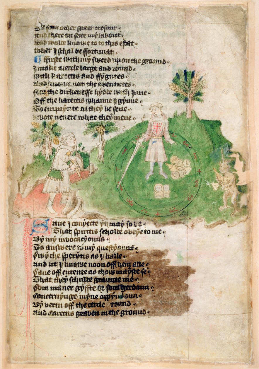 Cotton Pani Tiberius A vii fol.44 Demony przynoszące skarb magowi (welum) autorstwa English School