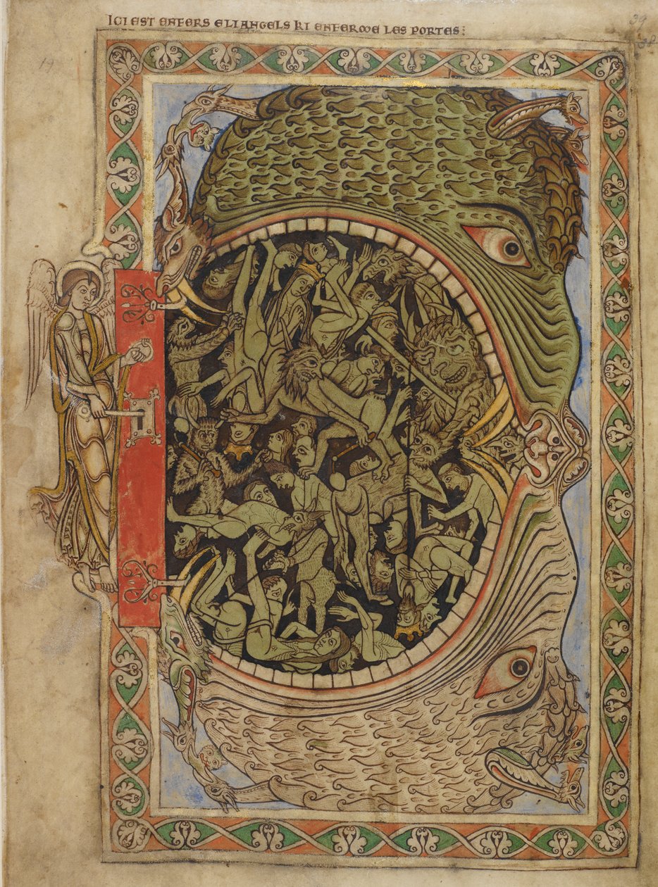 Bawełna Nero C IV f.39 Szczęki piekielne przymocowane przez anioła, z psałterza Henryka z Blois, c.1121-61 (welum) autorstwa English School