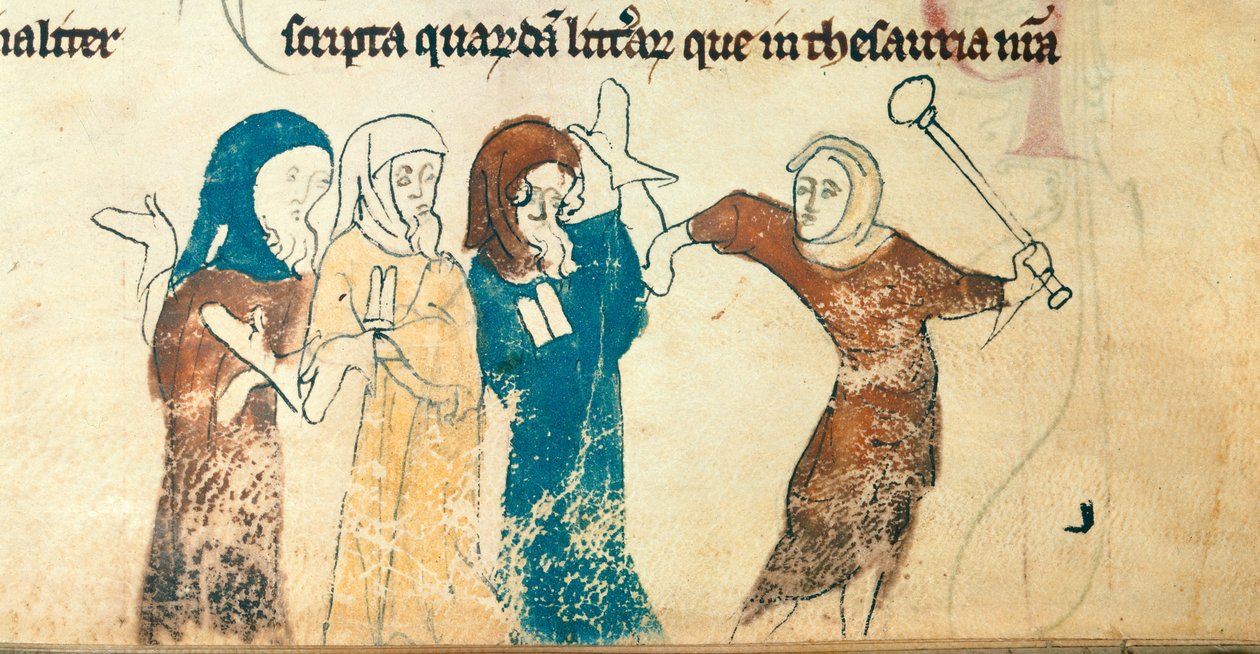 Bawełna Nero D. II, f.183v Prześladowania Żydów, ilustracja z „Chronica Roffense” (welum) autorstwa English School