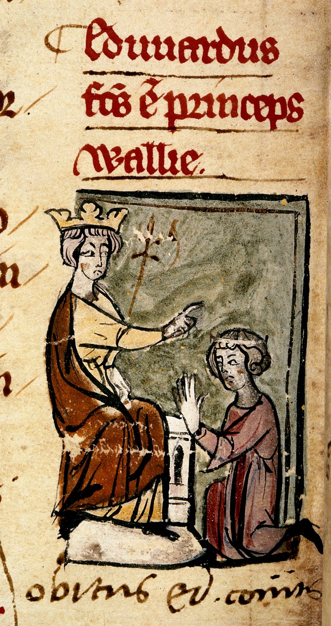 Bawełna Nero D. II, f.191v Edward z Caernarvon (Edward II) stworzył księcia Walii i hrabiego Chester przez swojego ojca, króla Edwarda I, w parlamencie Lincolna, 7 lutego 1301 r. z „Chronica Roffense”, autorstwa Mateusza Paryż (welum) autorstwa English School