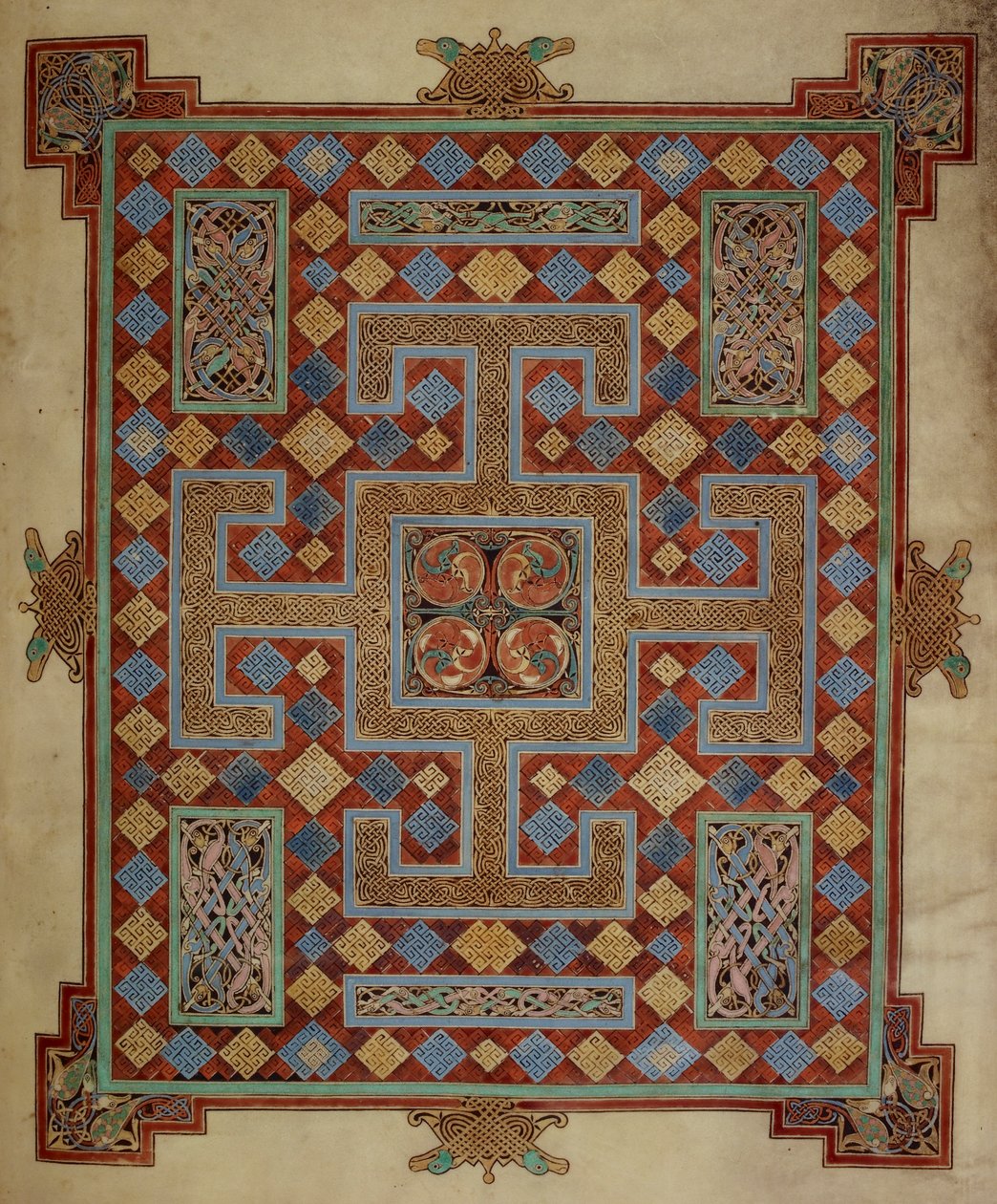Bawełna Nero D. IV, f.138v Strona dywanowa wprowadzająca Ewangelię św. Łukasza, z Ewangelii z Lindisfarne, 710-21 (welum) autorstwa English School